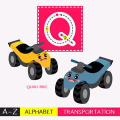 Letter Q uppercase children colorful transportations ABC alphabet tracing flashcard for kids learning English vocabulary and handwriting Vector Illustration.