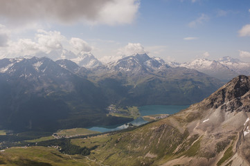 St. Moritz, Surlej, Piz Albana, Corvatsch, Piz Murtèl, Silvaplanersee, Seenplatte, Alpen, Oberengadin, Graubünden, Sommer, Schweiz