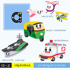 Letter A lowercase children colorful transportations ABC alphabet tracing flashcard for kids learning English vocabulary and handwriting Vector Illustration.