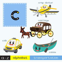 Letter C lowercase children colorful transportations ABC alphabet tracing flashcard for kids learning English vocabulary and handwriting Vector Illustration.