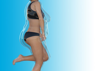 Conceptual fat overweight obese female vs slim fit healthy body after weight loss or diet with muscles thin young woman on blue. A fitness, nutrition or fatness obesity, health shape 3D illustration