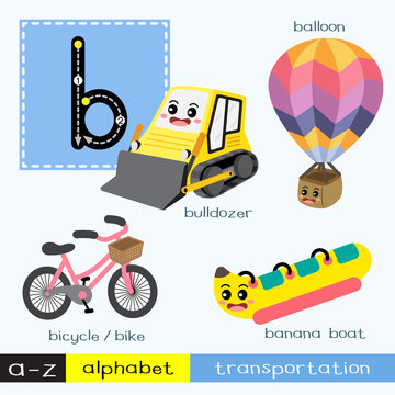 Letter B lowercase children colorful transportations ABC alphabet tracing flashcard for kids learning English vocabulary and handwriting Vector Illustration.