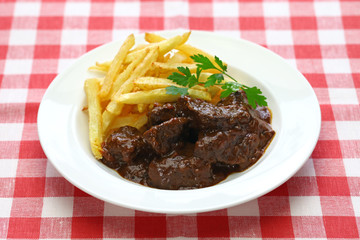 carbonade flamande with frites , flemish beef stew, belgian cuisine