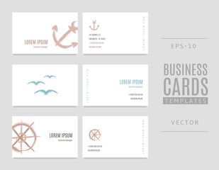 Business cards in marine style with hand drawn wheel, anchor and birds.