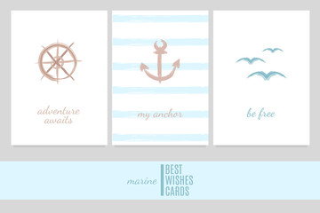 Greeting cards in a marine style with wheel, anchor, birds and inscriptions: "Adventure awaits", "My anchor", "Be free".