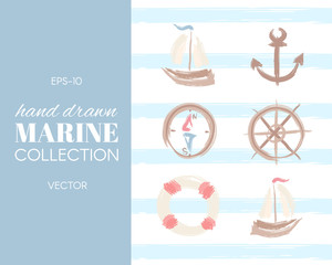 Hand drawn marine set. Lifebuoy, ship, compass, wheel and anchor.