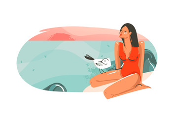 Hand drawn vector abstract cartoon summer time graphic hawaii illustrations art template background logo design with ocean beach landscape,pink sunset and beauty girl with place for your text