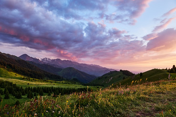 Fantastic colorful sunset at the Kok Zhailau plateau, Tian-Shan mountains, Almaty, Kazakhstan....
