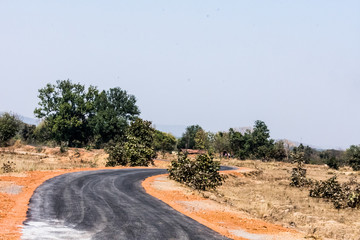 Straight highway Rural road with a small trees both sides on a hot afternoon in the summer season.