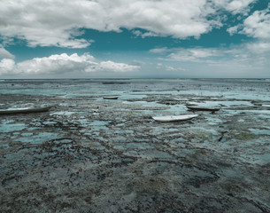 Aerial drone view of low tide on the beach of Nusa Lembongan island, Bali, Indonesia