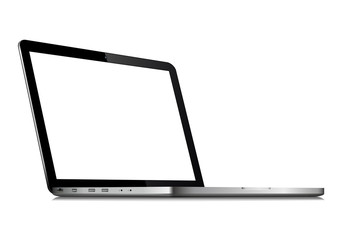 Perspective view of laptop with blank white screen isolated on white background