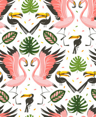 Hand drawn vector abstract cartoon graphic summer time beach illustrations seamless pattern with flamingo and toucan birds,monstera and banana tree tropical palm leaves isolated on white background
