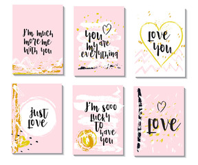 vector valentines cards template. collection of greetings cards. love quotes. romantic romance background. grunge brush strokes. trendy hipster stationery. 
