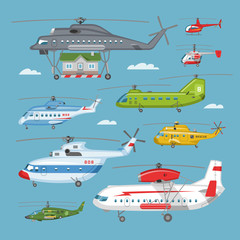 Helicopter vector copter aircraft or rotor plane and chopper jet flight transportation in sky illustration aviation set of aeroplane and airfreighter cargo with propeller isolated on background