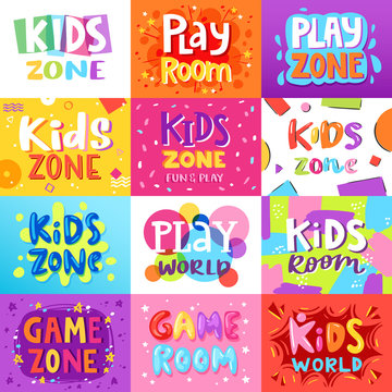 Game room vector kids playroom banner in cartoon style for children play zone decoration illustration set of childish lettering label for kindergarten decor background
