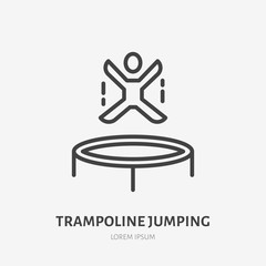Flat line icon of happy person jumping on trampoline. Trampolining sign. Thin linear logo for amusement park, corporate party entertainment.