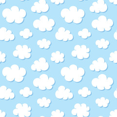 Cute baby seamless pattern with blue sky with white clouds flat icons. Cloudy weather. Cloud symbols background for kids fabric, nursery.