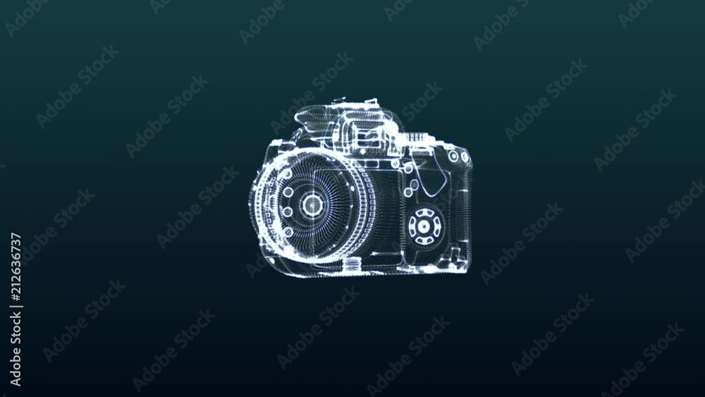 Wall mural photo camera being formed by particles. blue abstract futuristic science and technology background. 
