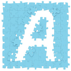 Jigsaw puzzles blue color assembled like capital letter A on white background, puzzle letters may be seamless connected along borders, 3D rendered font image for education, art and childish typography