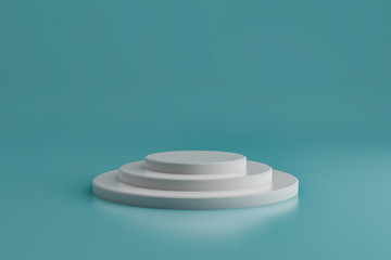 Round white stage podium with blue backdrop. Pedestal. Scene for award ceremony. 3d rendering.