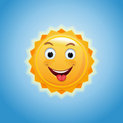 Smiling sun against the blue sky. A merry little sunshine shows a tongue. Cheerful anthropomorphic sun. Vector illustration