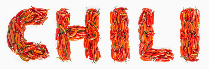 Chile word written with red chilies, Chili word written with hot chilies.