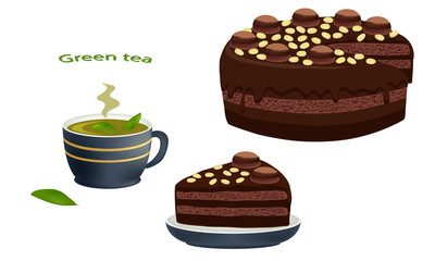Green tea and chocolate cake with chocolate cream and nuts isolated on white background. Cake cut sliced with cuttings. A cup of green tea and piece of chocolate cake. Vector illustration.