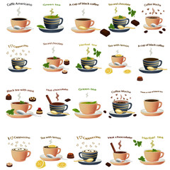 hot drinks. Coffee latte, mocha and cappuccino in cups, isolated on white background. Hot chocolate and black tea in mug. Vector illustration of green tea and herbal tea.