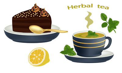 Herbal tea and chocolate cake with chocolate cream and nuts isolated on white background. Cake cut sliced with cuttings. A cup of  herbal tea and piece of chocolate cake. Vector illustration.