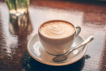 Cappuccino cup, close up. Place for design, for text.