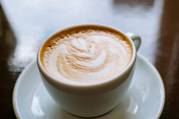 Cappuccino cup, close up. Place for design, for text.