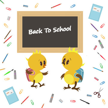 Back to school with cartoon chickens with backpacks and school supplies