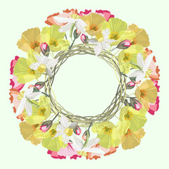 Vector floral pattern with wreaths from summer spring poppies and daffodils