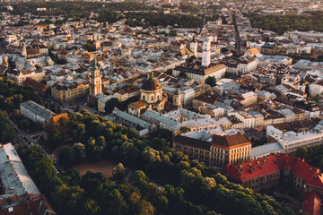 aerial view of old european city on sunset