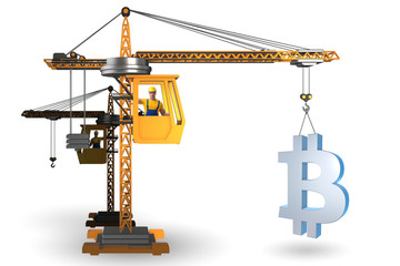 Construction crane lifting bitcoin in cryptocurrency concept