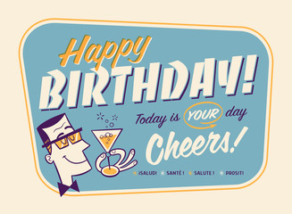 Vintage Style Happy Birthday Card - Cheers!