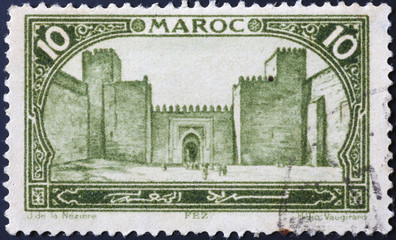 Fez city gate on old moroccan postage stamp