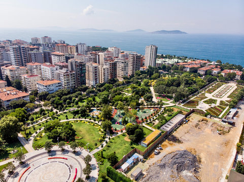 Aerial Drone View of Goztepe 60th Year Park located in Kadikoy, Istanbul.