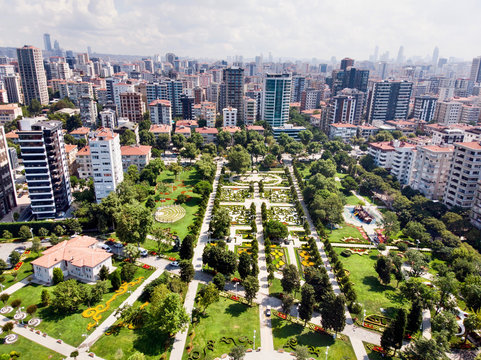 Aerial Drone View of Goztepe 60th Year Park located in Kadikoy, Istanbul.