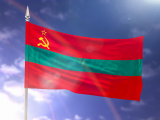 Naklejka premium Flag of Transnistria with flare and dark blue sky