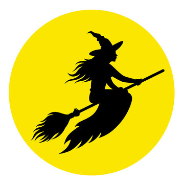 Silhouette of a witch on a broomstick against the background of the moon