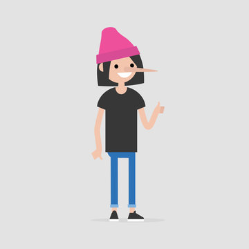 Liar. Young character with a long nose. Cheater. Concept. Flat editable vector illustration, clip art