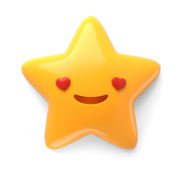 3d render, abstract emotional star icon, adorable smile, in love, awaiting, cute cartoon star, emoji, emoticon, toy
