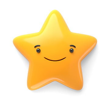 3d render, abstract emotional star icon, shy character illustration, happy, fun, funny, awaiting, cute cartoon star, emoji, emoticon, toy