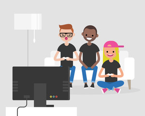 Laughing teenagers playing video games on TV.  Leisure. Friends having fun. Flat editable vector illustration, clip art