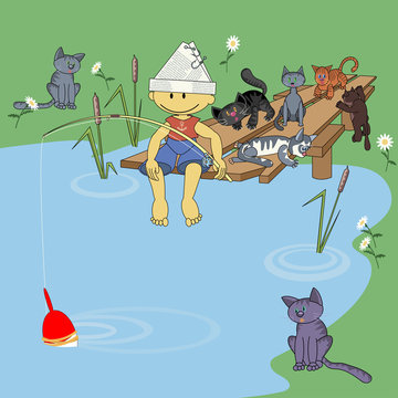 Fishing with cats. Vector illustration depicting a boy who catches fish surrounded by hungry cats.