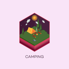 Camping Fire Isometric View Beautiful Nature Landscape Vector Illustration