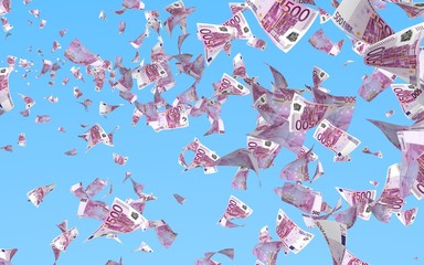 Flying euro banknotes isolated on a blue background. Money is flying in the air. 500 EURO in color. 3D illustration