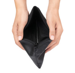 hand holding empty wallet isolated on white background