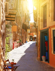 Venetian architecture in narrow stone streets of old town Chania in Crete, Greece